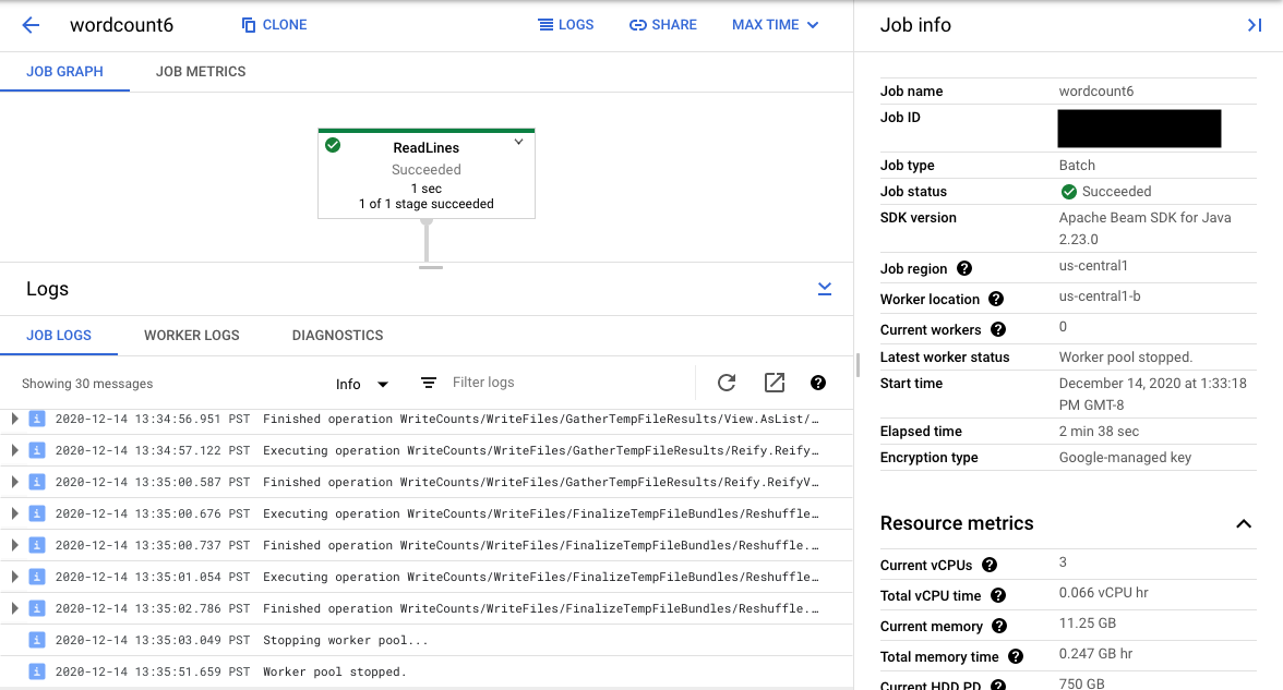 Dataflow 监控界面，其中显示了展开的“日志”面板，其中包含用于过滤日志的选项。