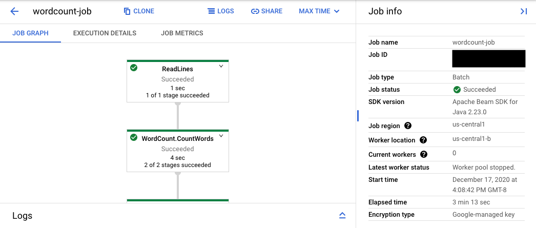 Antarmuka pemantauan Dataflow yang menampilkan panel log yang diperluas.
