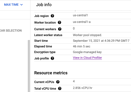A página Tarefa com um link para a página Profiler.