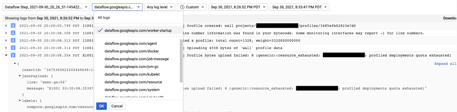 Uma página que mostra os registos do Cloud Profiler com um menu aberto que realça o caminho de navegação: dataflow.googleapis.com/worker-startup.