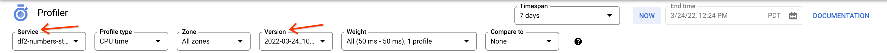 Mostra i valori di Servizio e Versione per la profilazione di un job Dataflow.