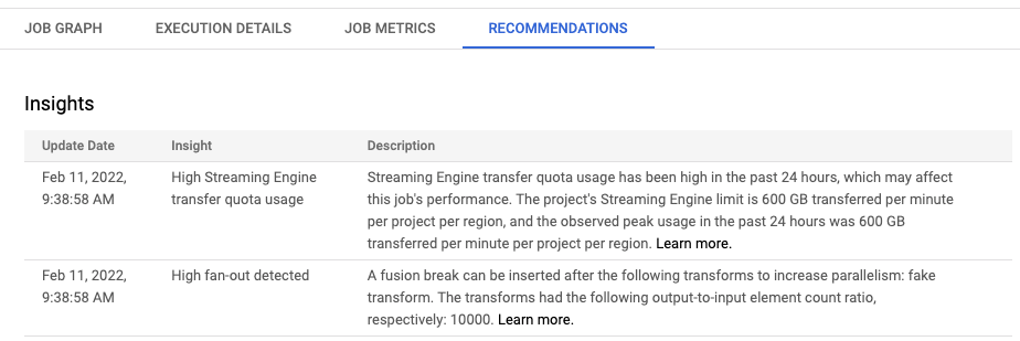 La pestaña Recomendaciones de una tarea de Dataflow con recomendaciones de ejemplo.