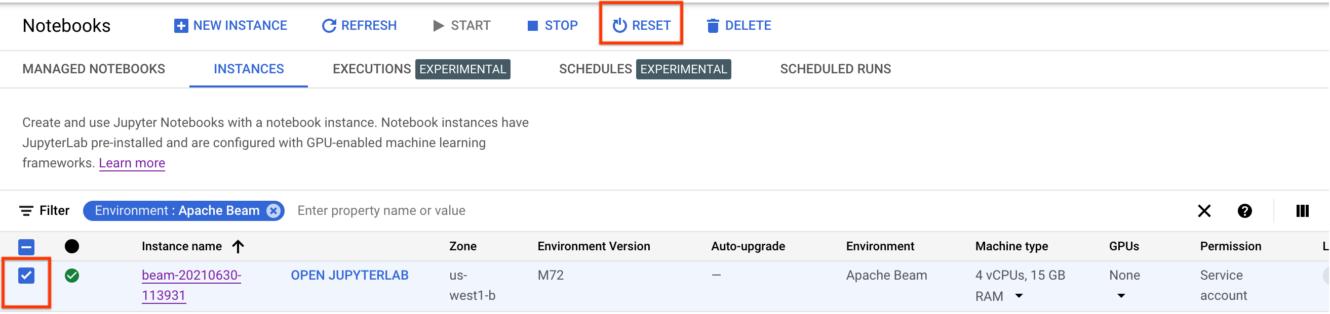 Reimposta un'istanza di notebook