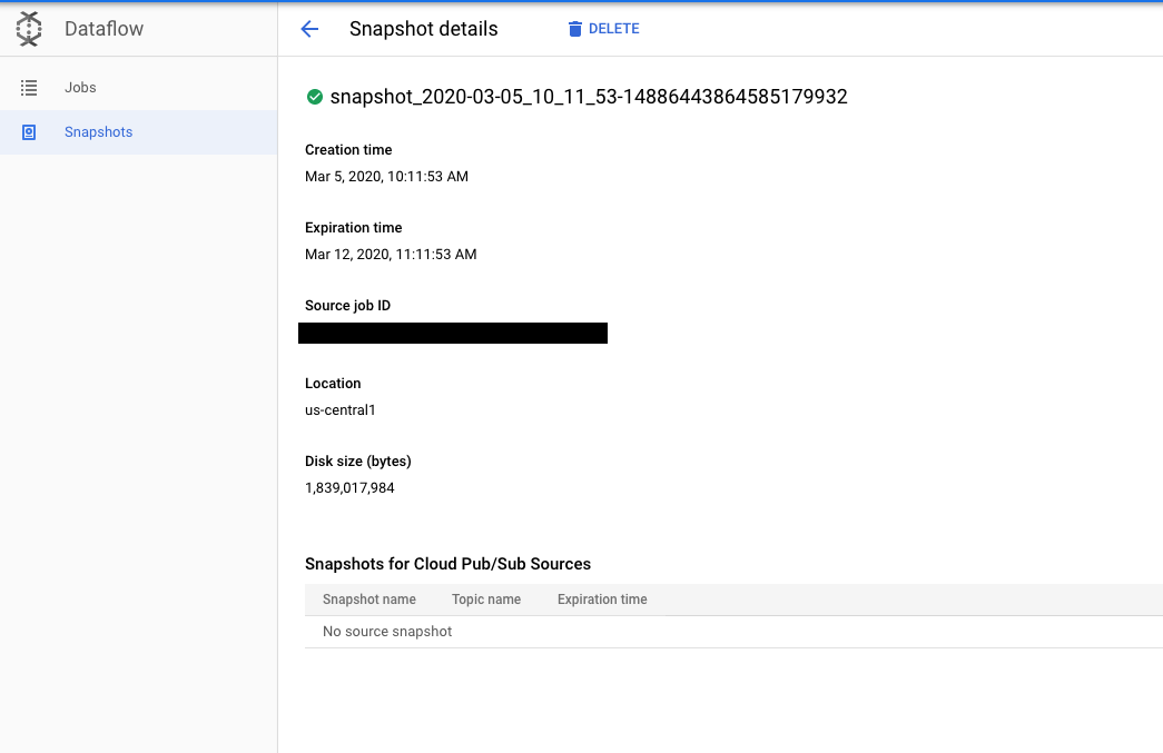 Dataflow 快照詳細資料頁面,可取得快照的詳細資訊。