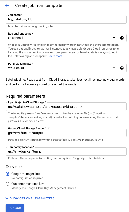 Formulario de ejecución de la plantilla WordCount