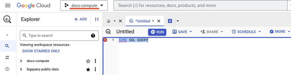 La interfaz de BigQuery muestra un proyecto de cálculo llamado docs-compute en la página donde ejecutas consultas de SQL.