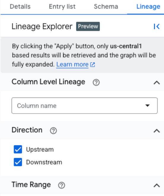 The Lineage explorer panel showing filters for column-level lineage, direction, and time range.