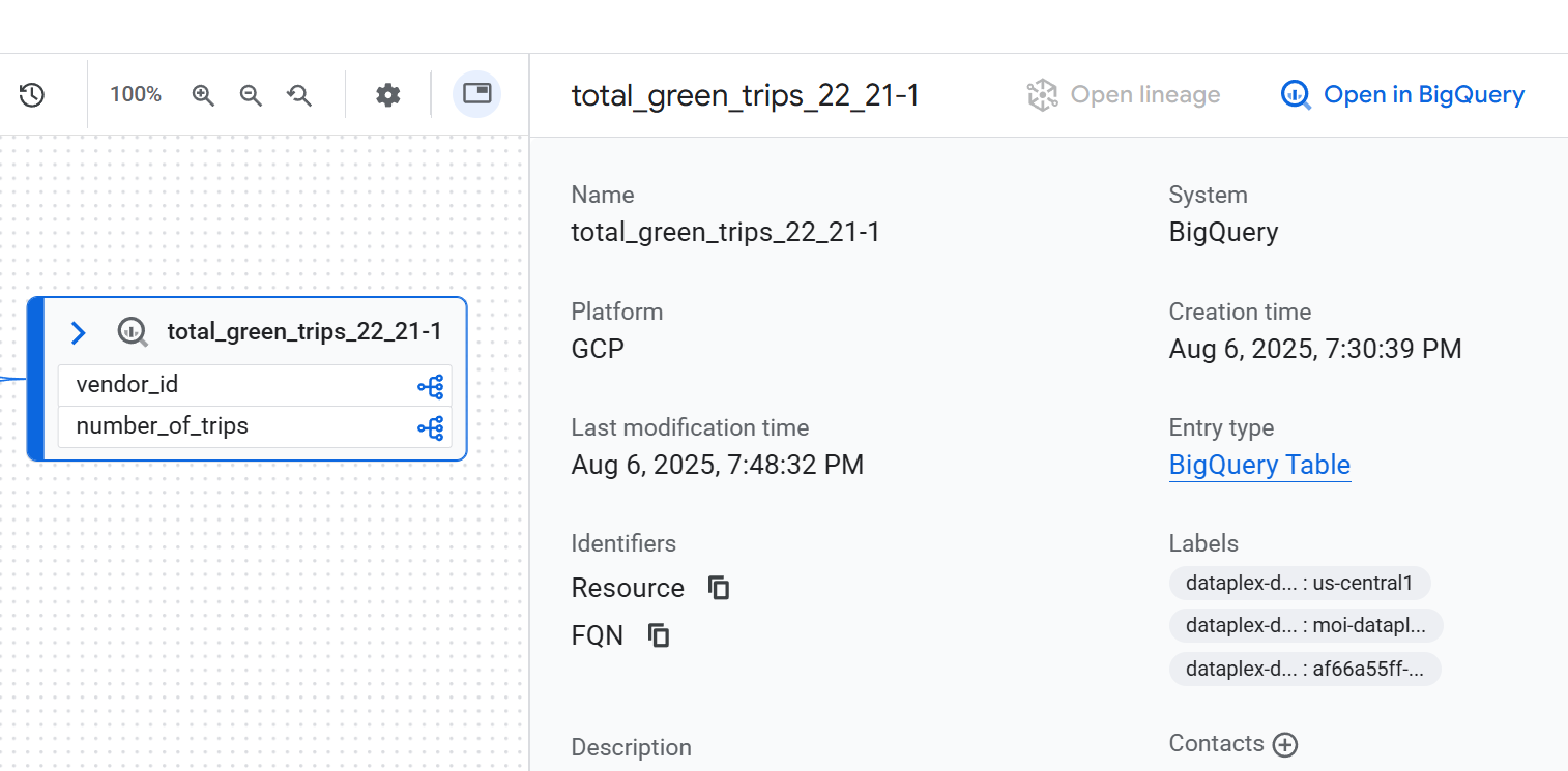 Painel de detalhes de um nó selecionado no gráfico de linhagem.