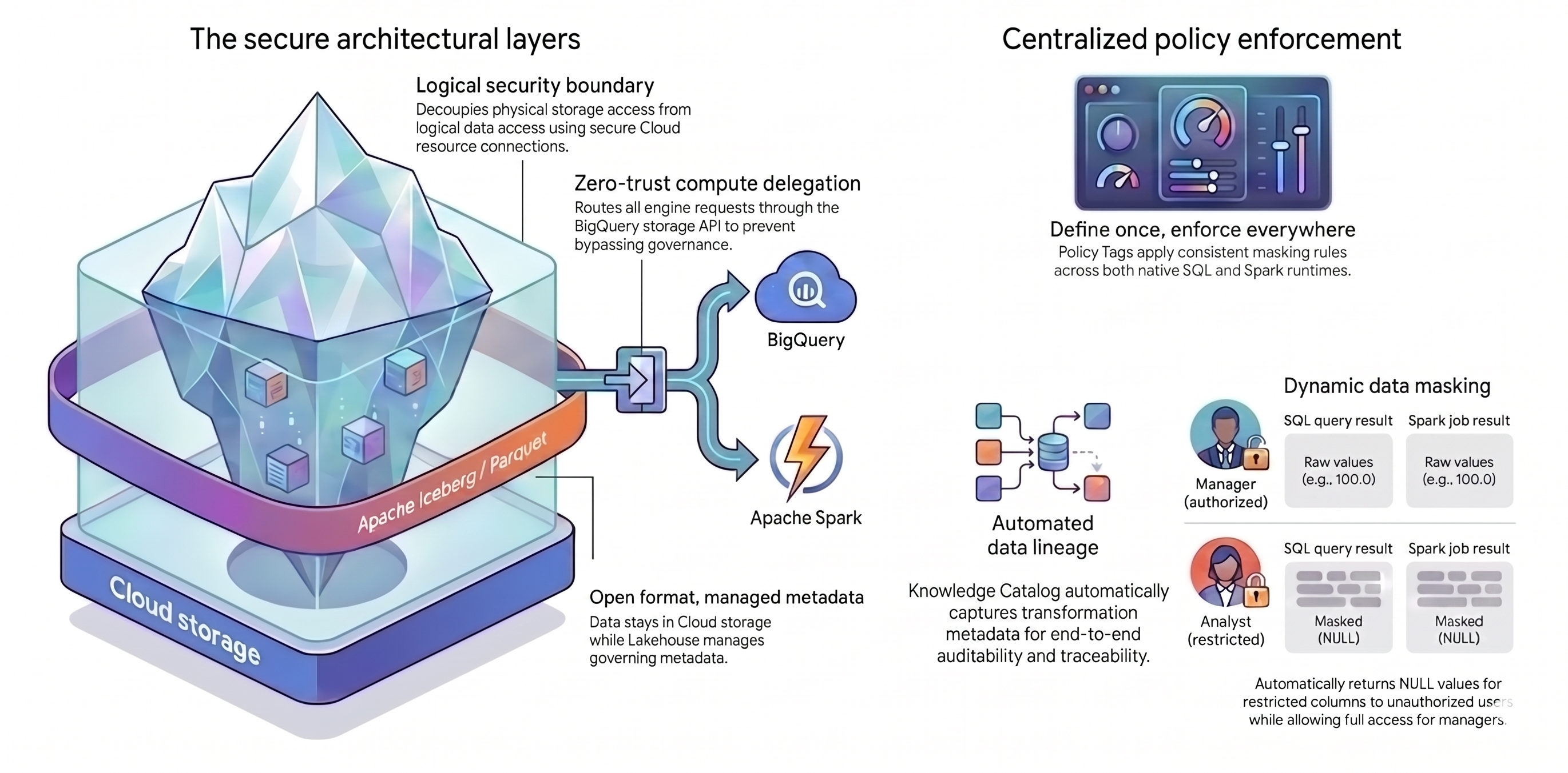 Architettura di un lakehouse conforme alle policy che utilizza livelli architetturali sicuri e l'applicazione centralizzata delle policy.