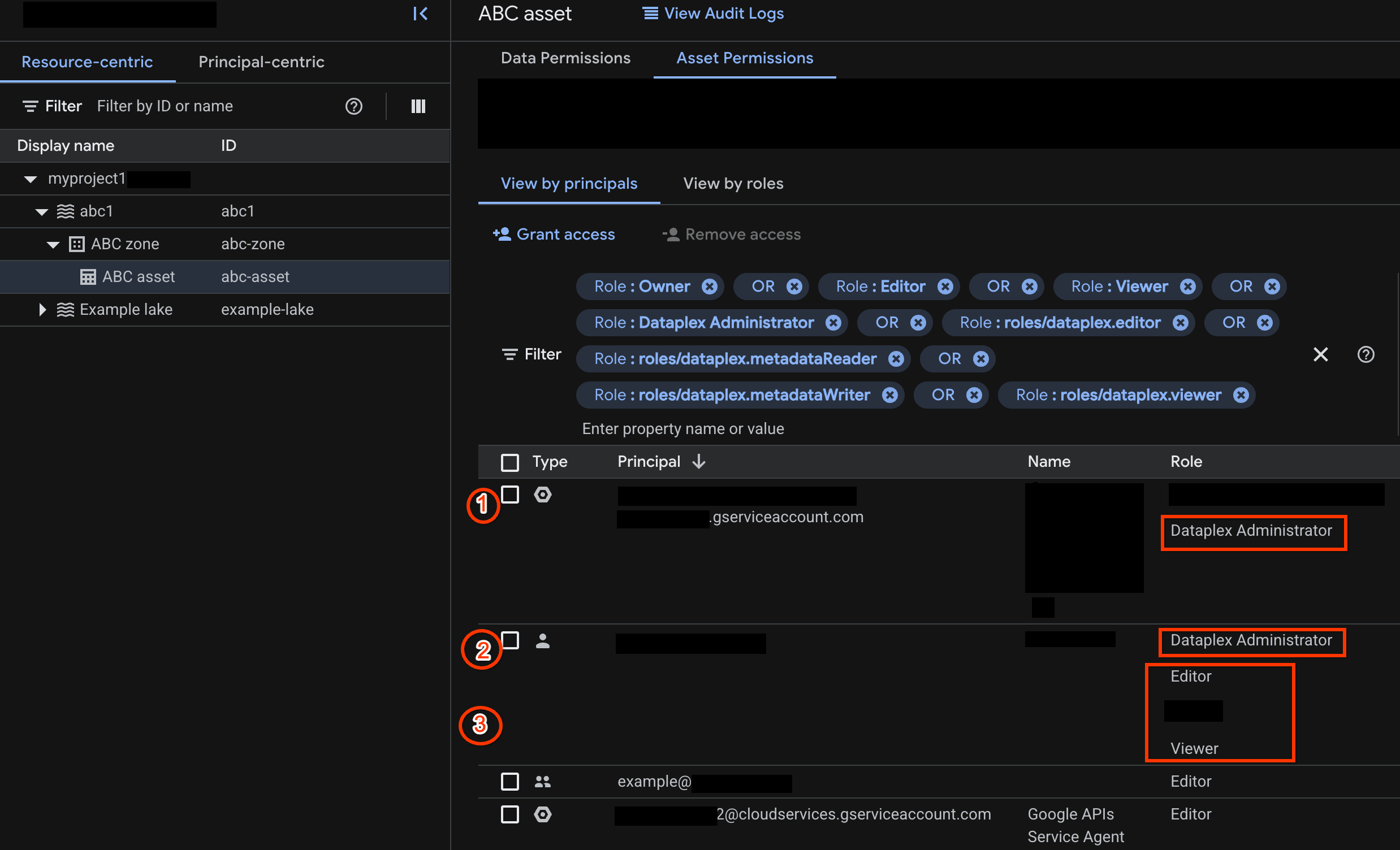 Exemplo de permissões que não são herdadas de recursos de nível superior do data lake