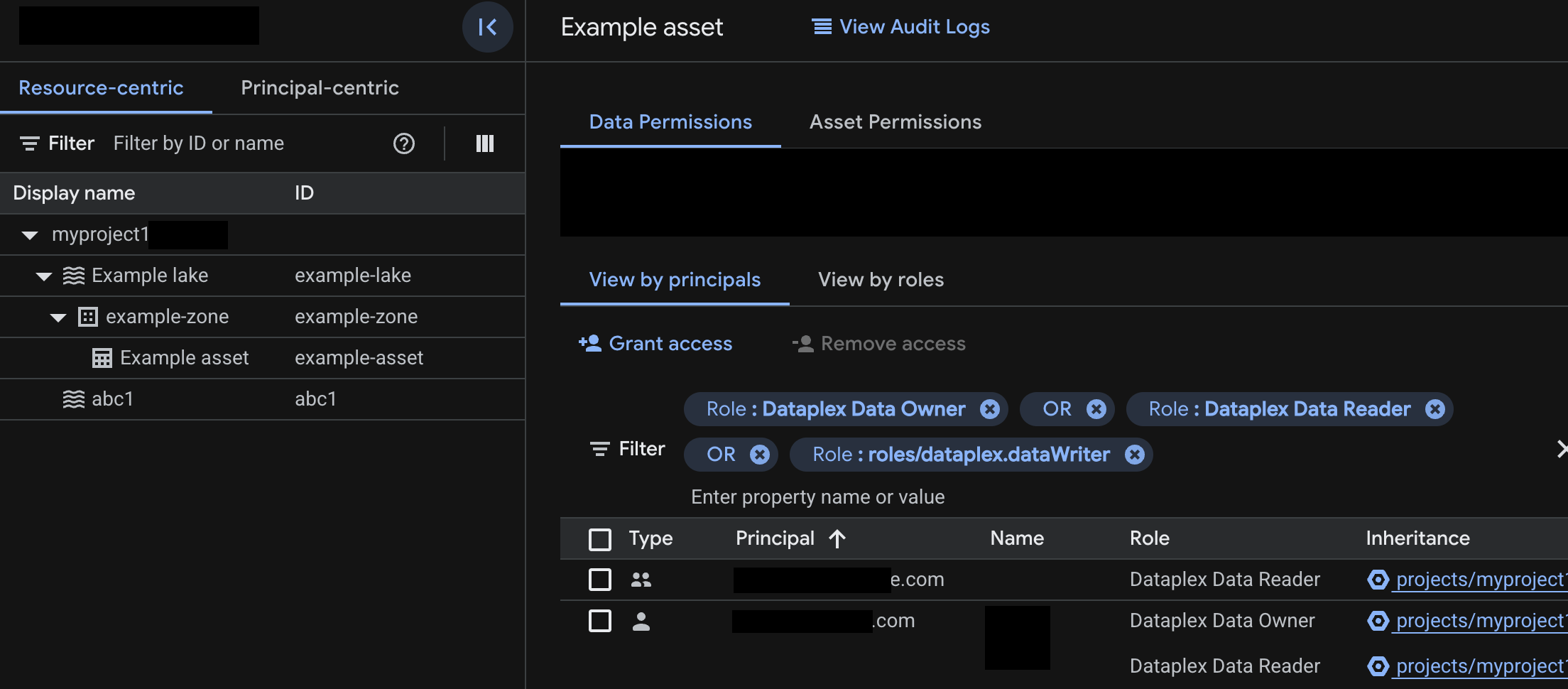 Ejemplo de permisos de datos que no se heredan de recursos de lagos superiores