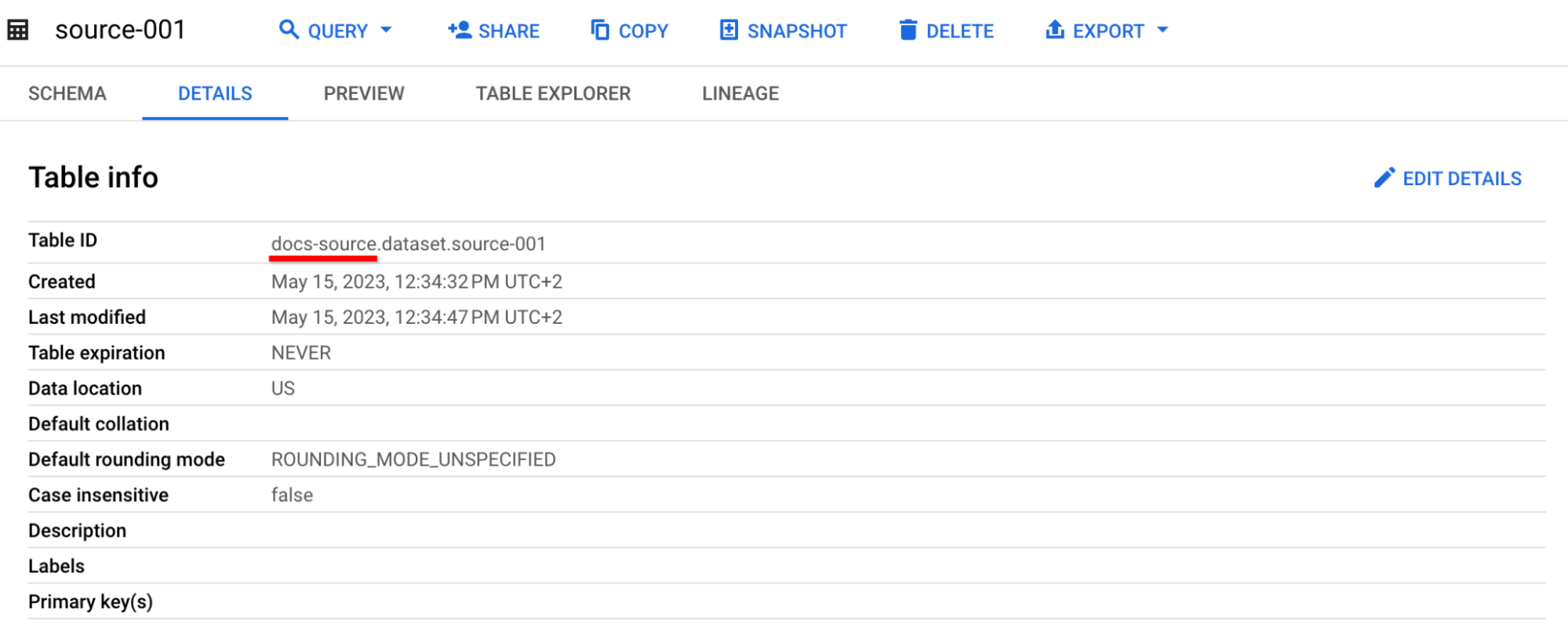 BigQuery UI에서 스토리지 프로젝트 이름은 정규화된 테이블 이름의 첫 번째 점 앞에 있는 테이블 ID 필드에 표시됩니다.