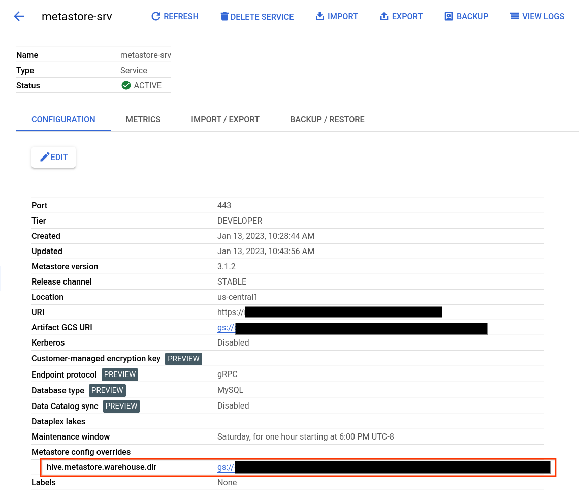 Hive 웨어하우스 디렉터리 경로를 보여주는 구성 테이블 뷰