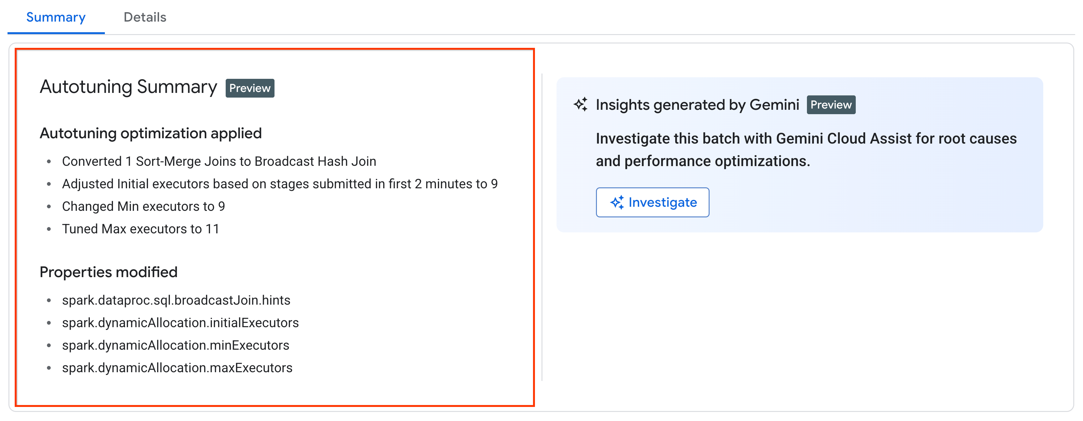 Panel ringkasan penyetelan otomatis.