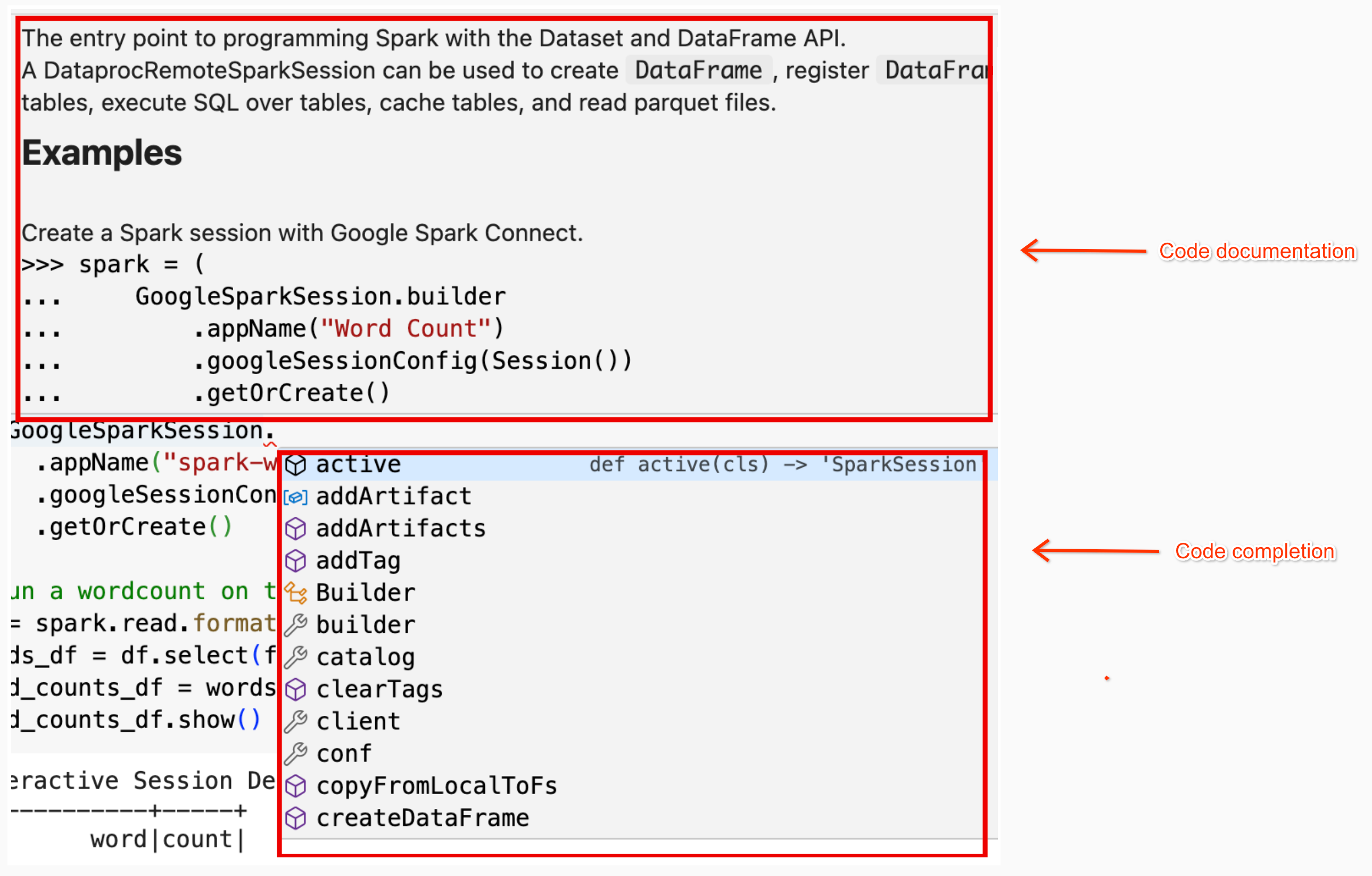 Beispiele für Code-Dokumentation und Tipps zur Codevervollständigung.