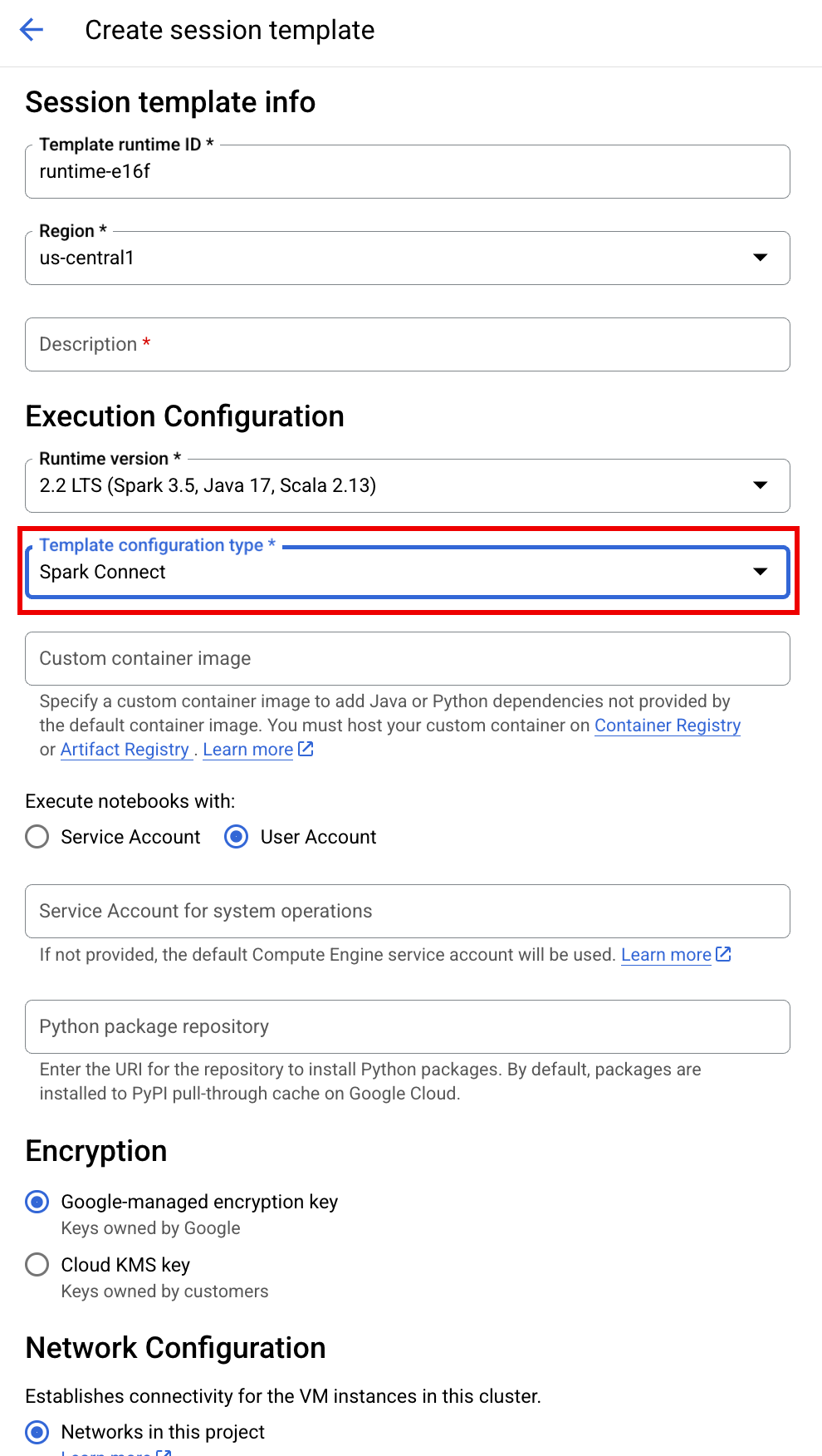 Captura de ecrã que mostra as definições necessárias do Spark Connect.