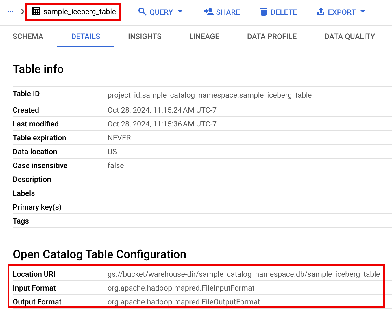 Metadati della tabella Iceberg elencati nella UI di BigQuery