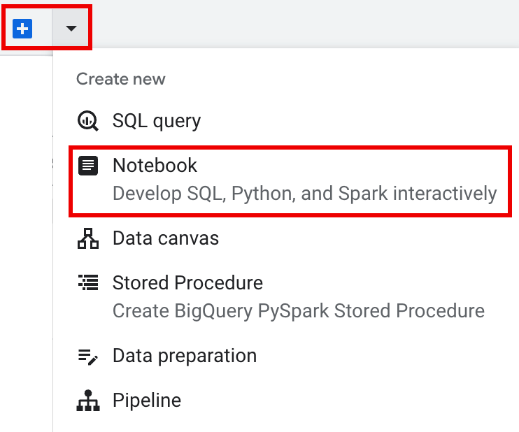 새 노트북을 만들기 위한 '+' 버튼이 있는 BigQuery 인터페이스를 보여주는 스크린샷