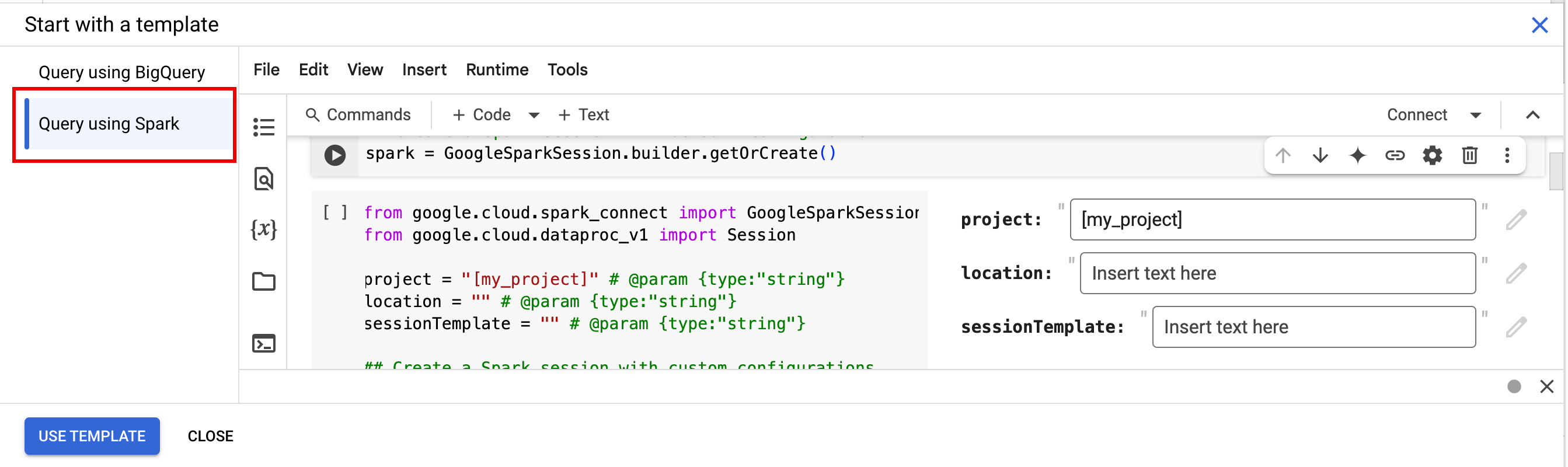 Seleções da interface do BigQuery para começar com um modelo