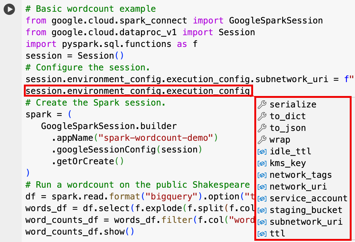 Code-Hilfe mit Optionen für die Sitzungs-, Umgebungs- und Ausführungskonfiguration.