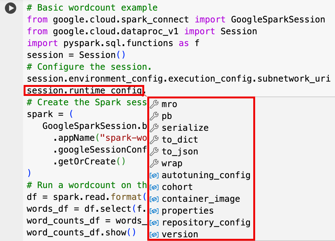 Ayuda de código que muestra las opciones de session.runtime.config.