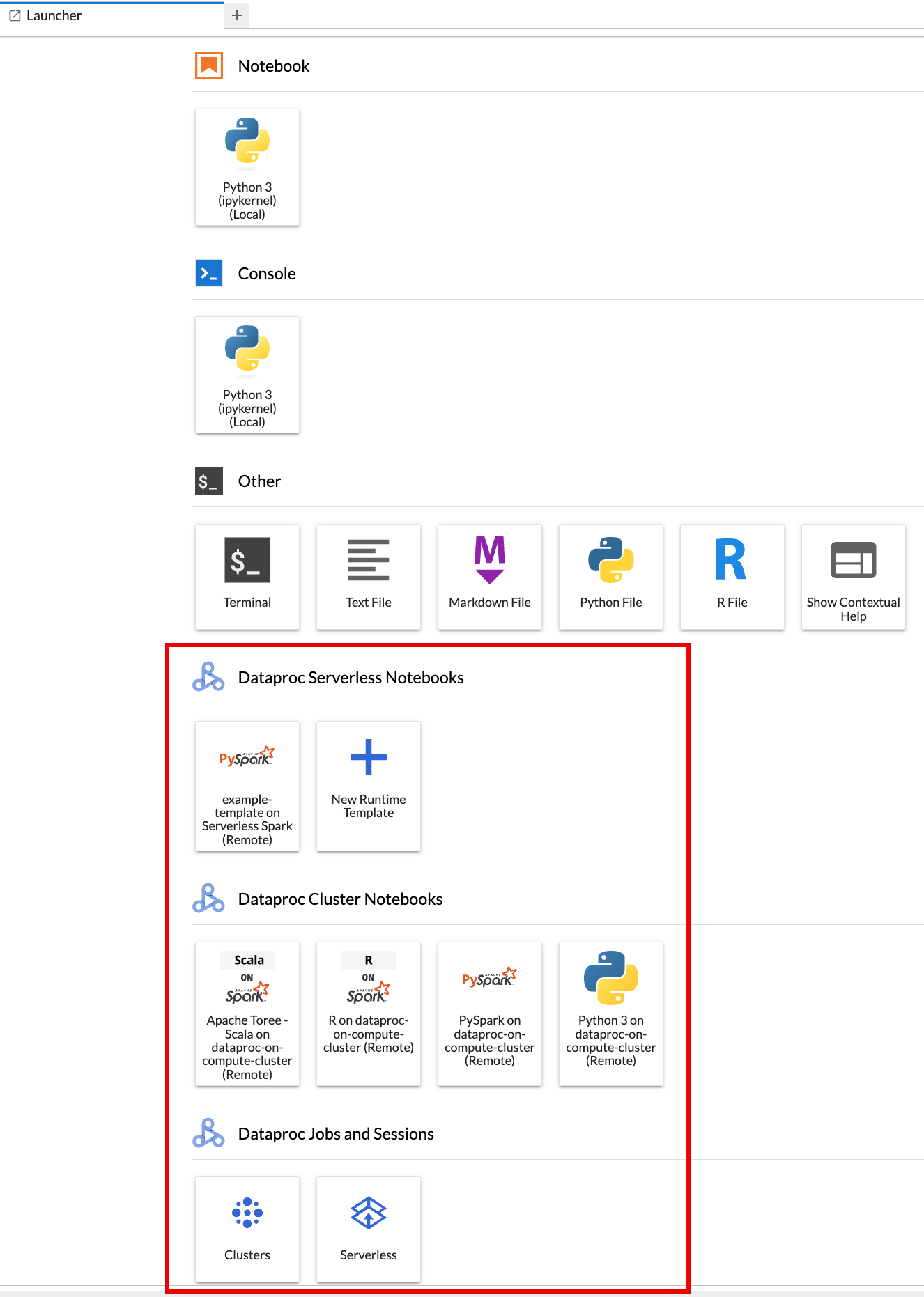Pagina del browser di avvio app JupyterLab