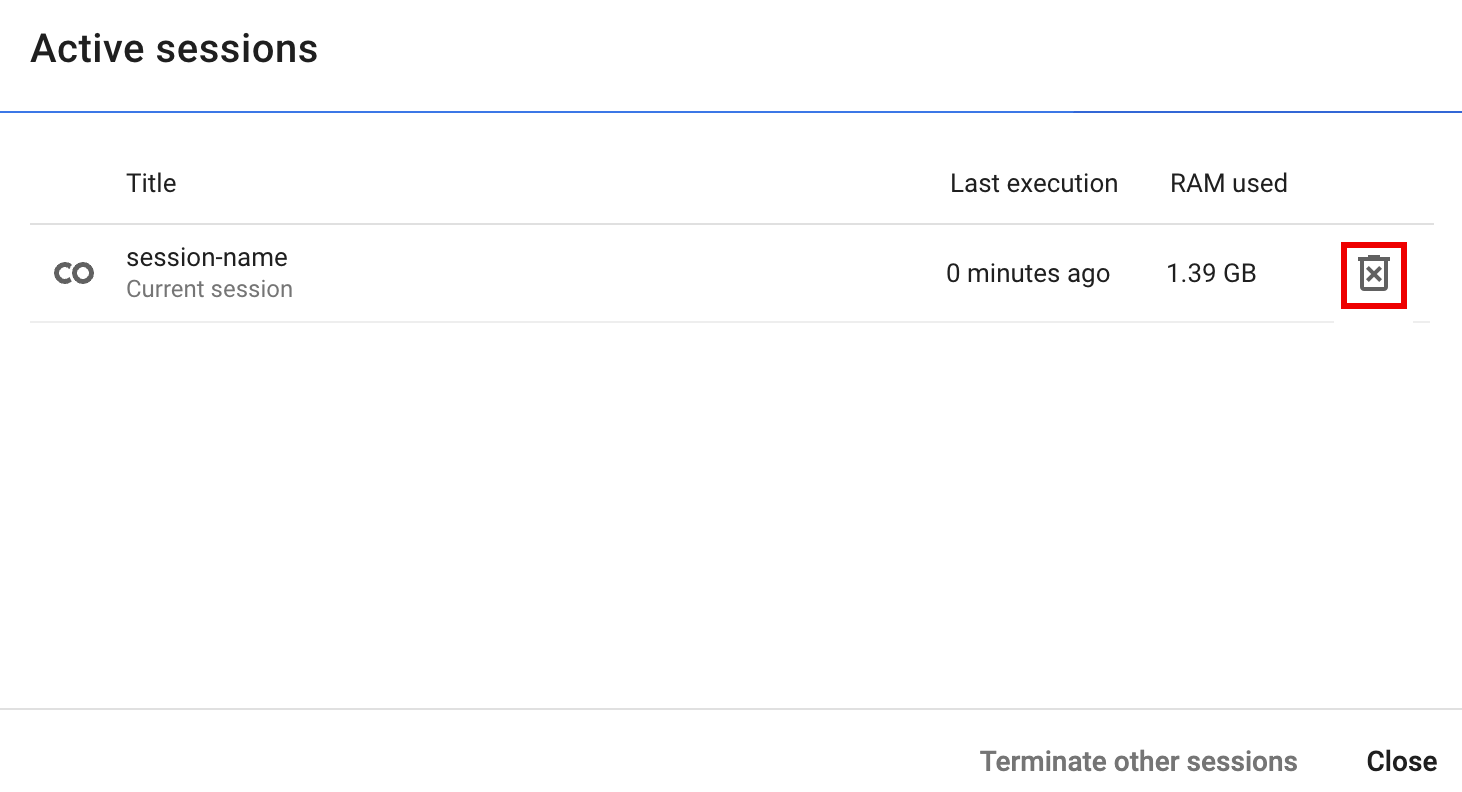 Termina la selezione della sessione nella finestra di dialogo Sessioni attive
