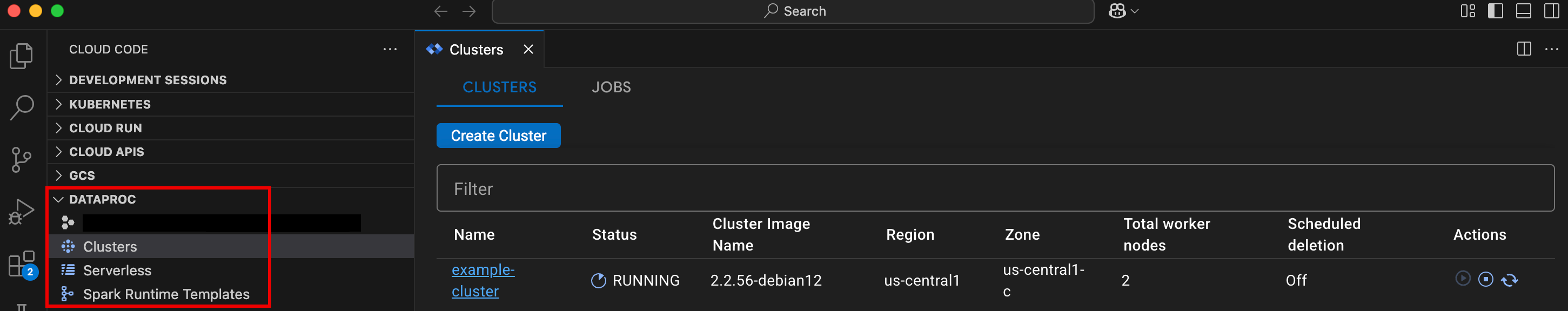 Resource Dataproc yang tercantum di konsol VS Code.