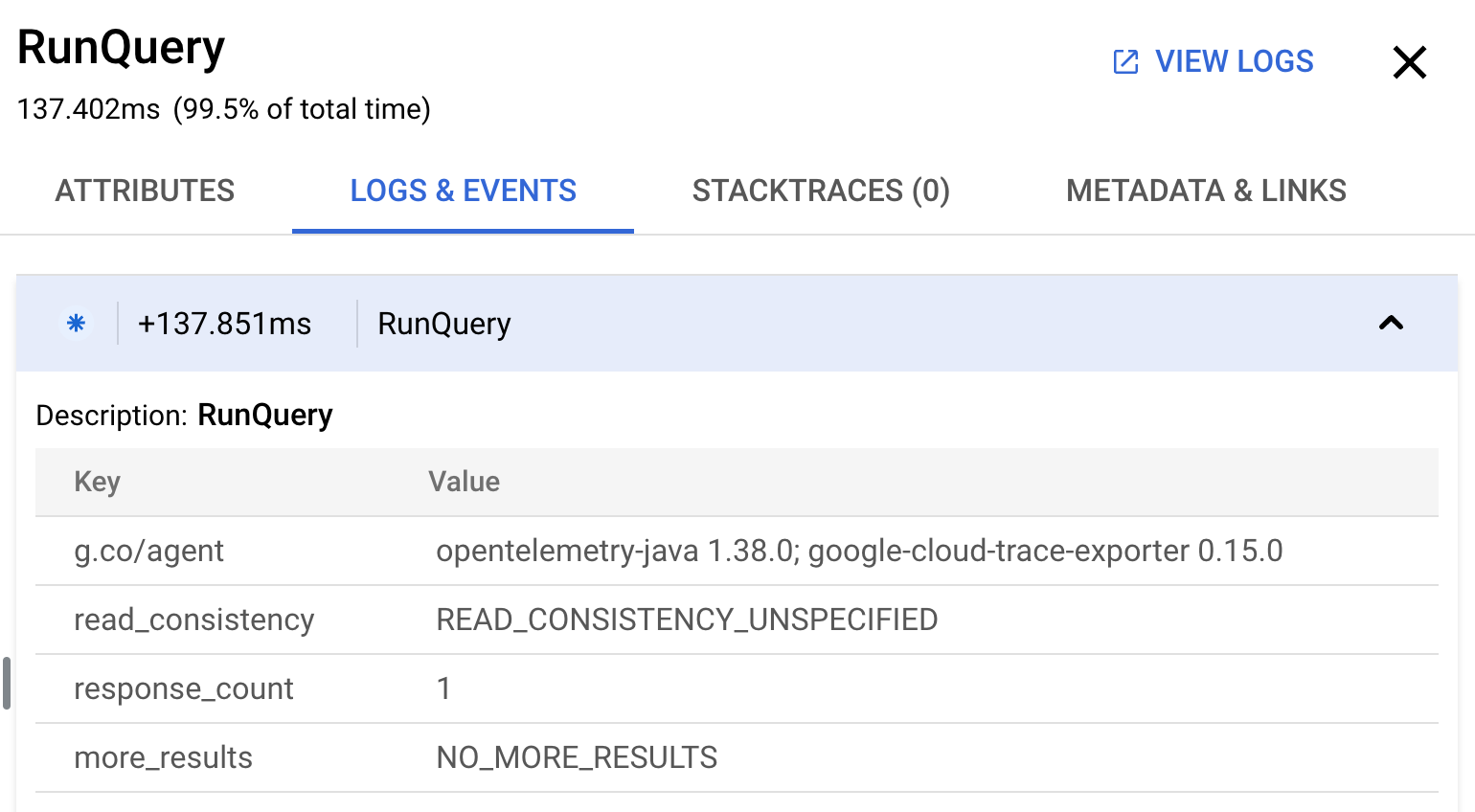 יומן אירועים של יחידה לוגית למעקב שנצפה מ-Cloud Trace.