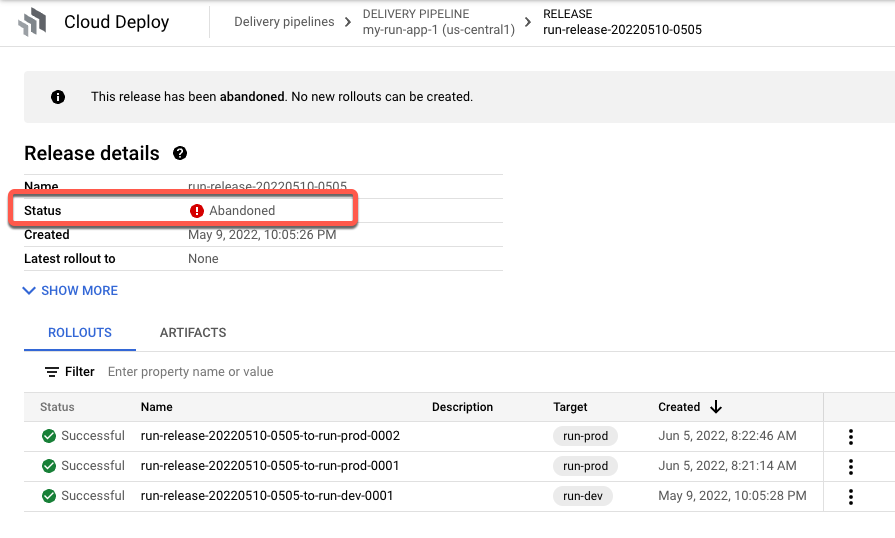 Liste der Releases in der Google Cloud Console mit einem eingestellten Release
