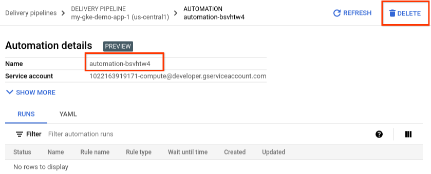  Google Cloud 控制台中的自動化動作，顯示刪除按鈕
