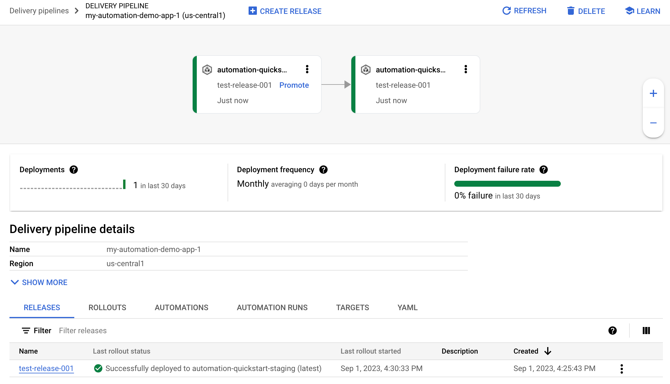  Google Cloud 控制台中的交付流水线直观显示