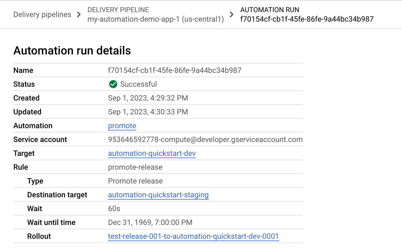 Detail eksekusi otomatisasi yang ditampilkan di konsol Google Cloud