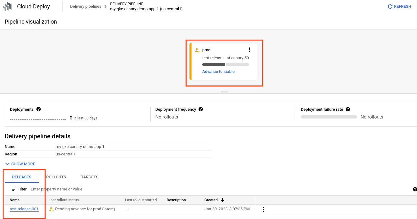  Google Cloud 控制台中的交付流水线直观显示