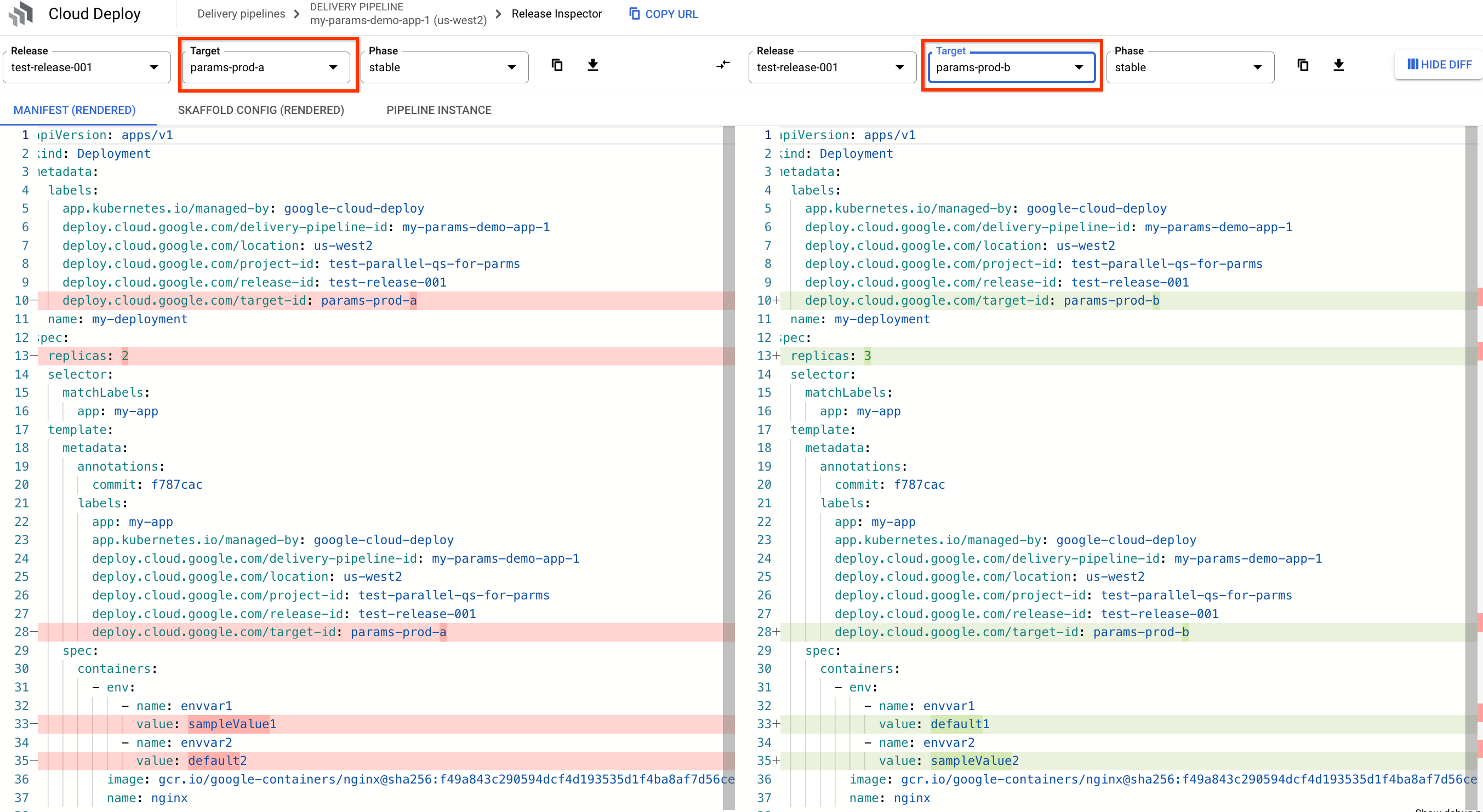 Differenza tra i manifest sottoposti a rendering, con i valori passati