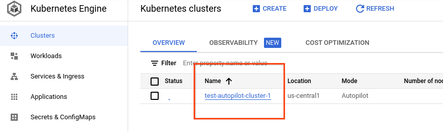 Google Cloud コンソールのクラスタのリスト