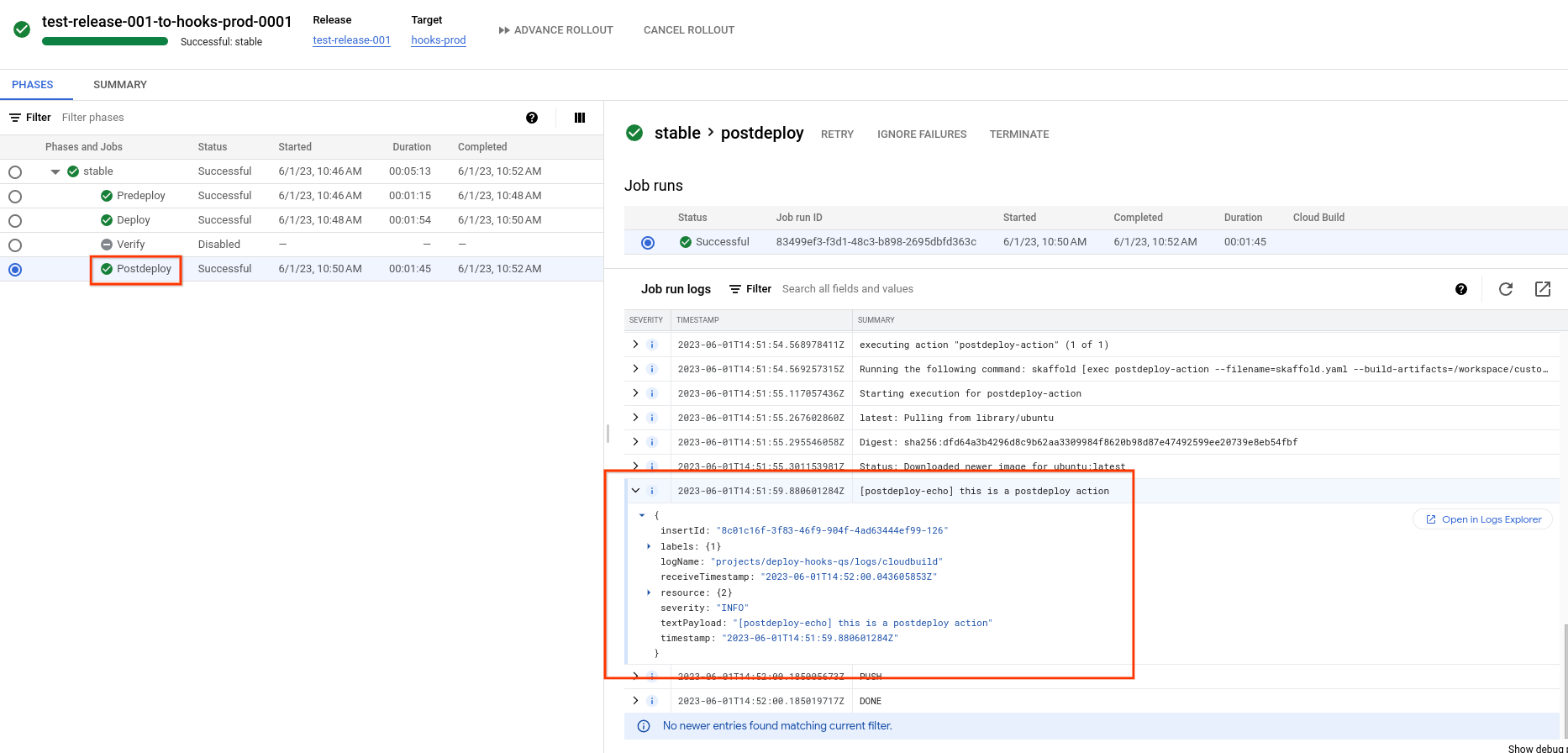 Registro do job Postdeploy