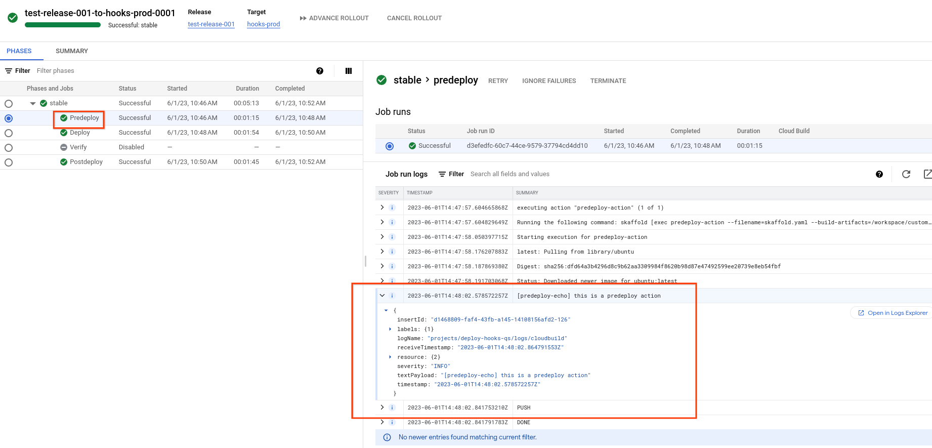 Predeploy 作业的日志