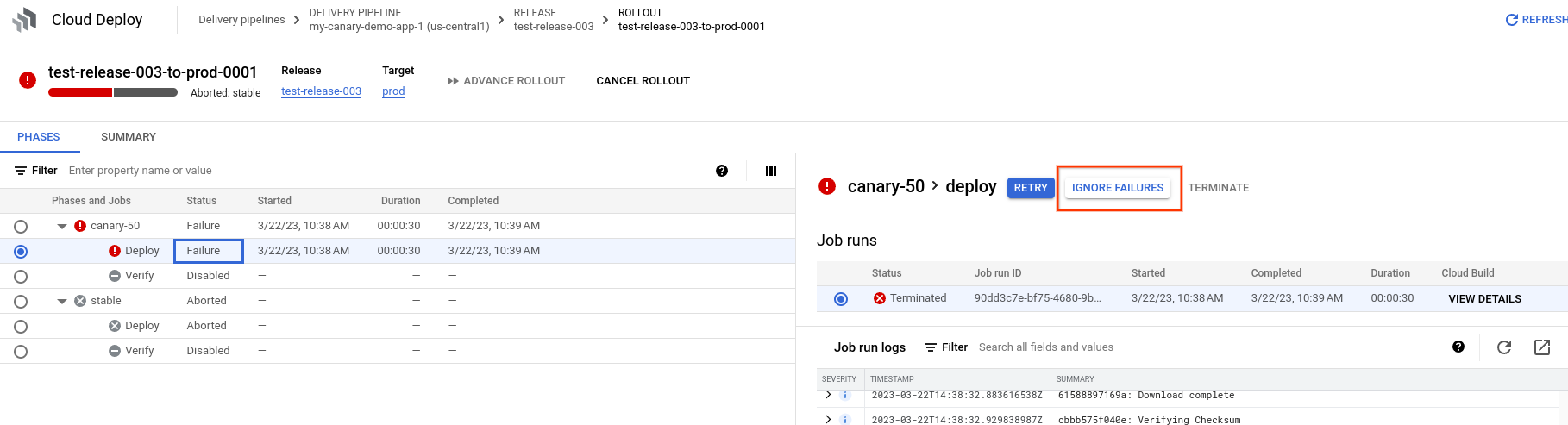 A failed job, ready to be ignored, in Google Cloud console
