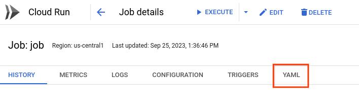 Page des détails du jobGoogle Cloud de la console, affichant l&#39;onglet YAML 