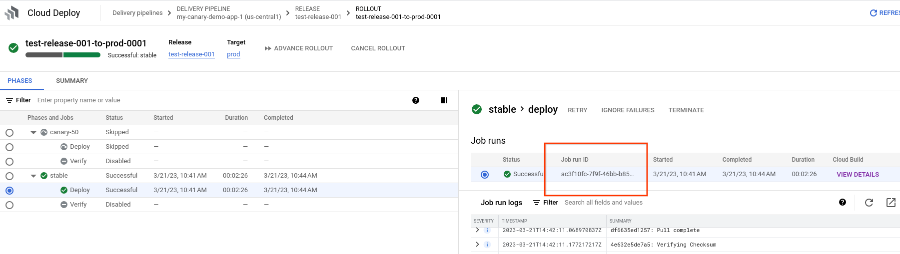 Job run ID in the rollout details in Google Cloud console