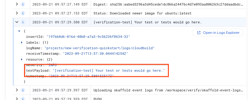 Voce di log che mostra l'output del job di verifica