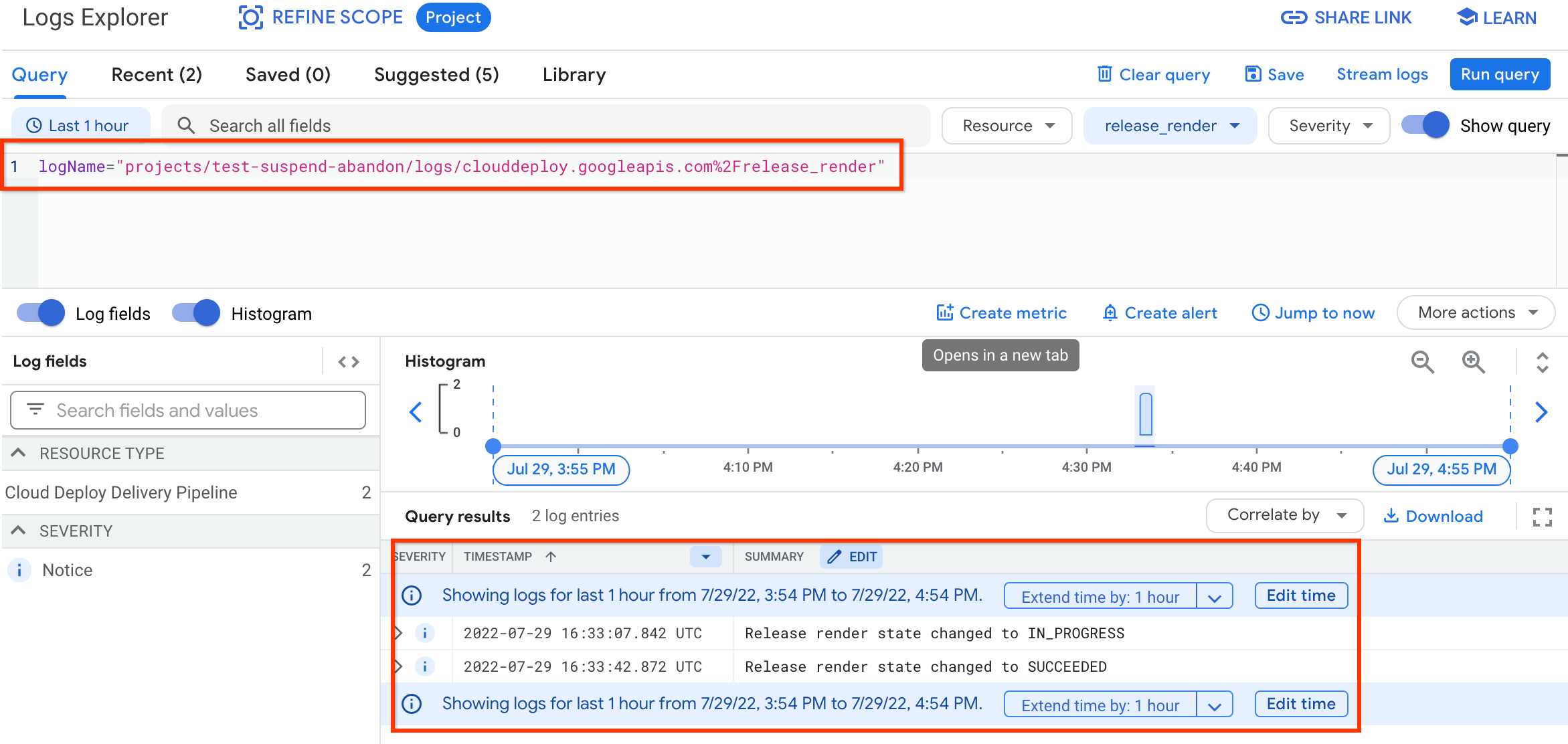 Resultados de las consultas de los registros de la plataforma Google Cloud Deploy