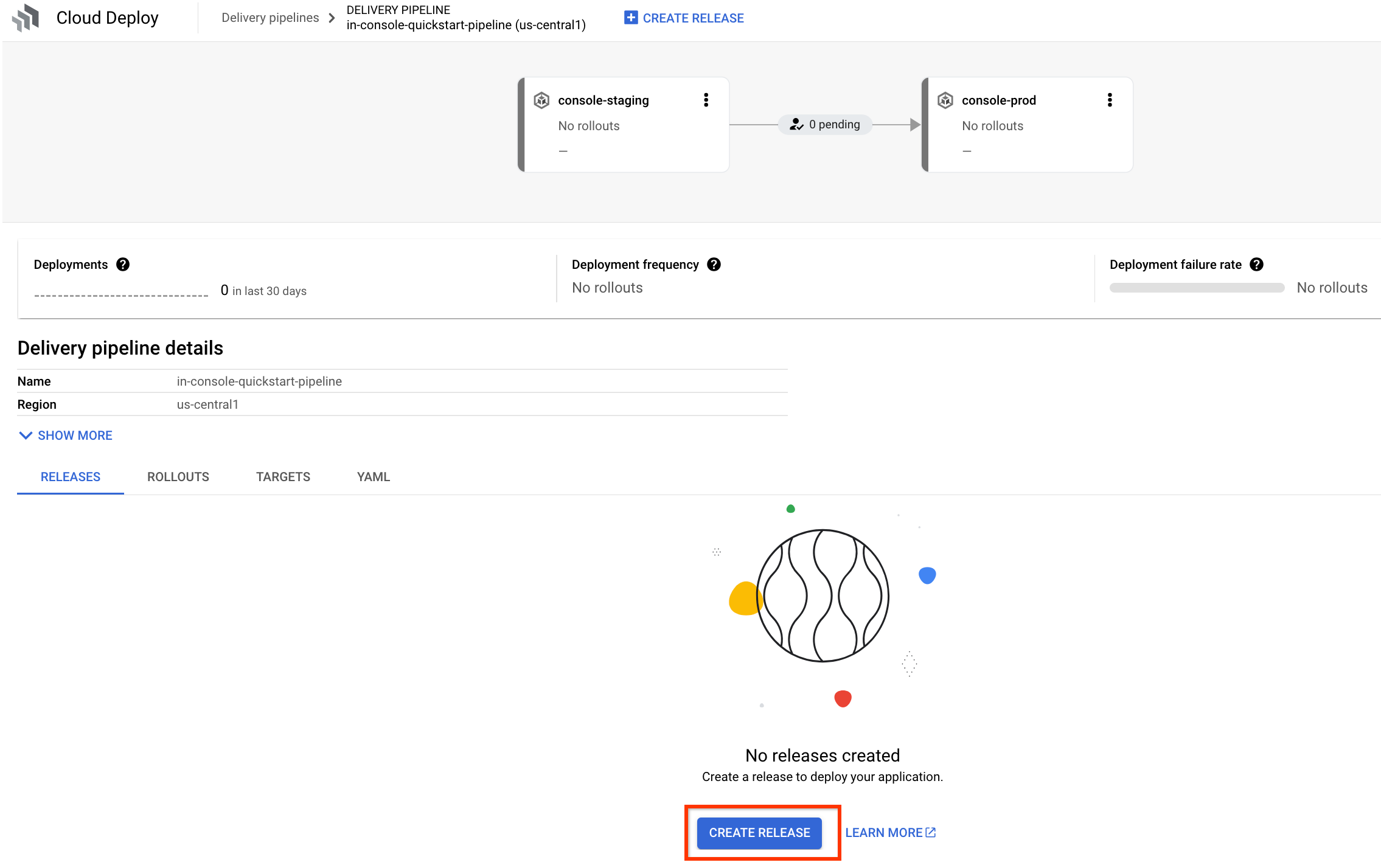 Pipeline pengiriman baru, dibuat di konsol Google Cloud 