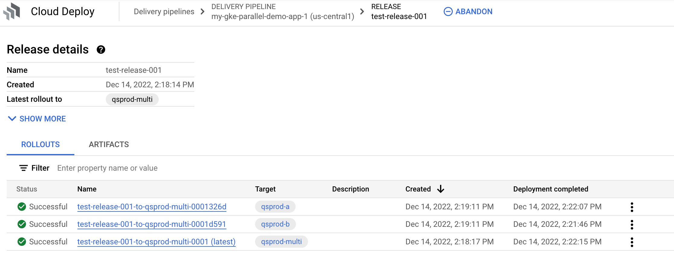 Déploiements dans la console Google Cloud