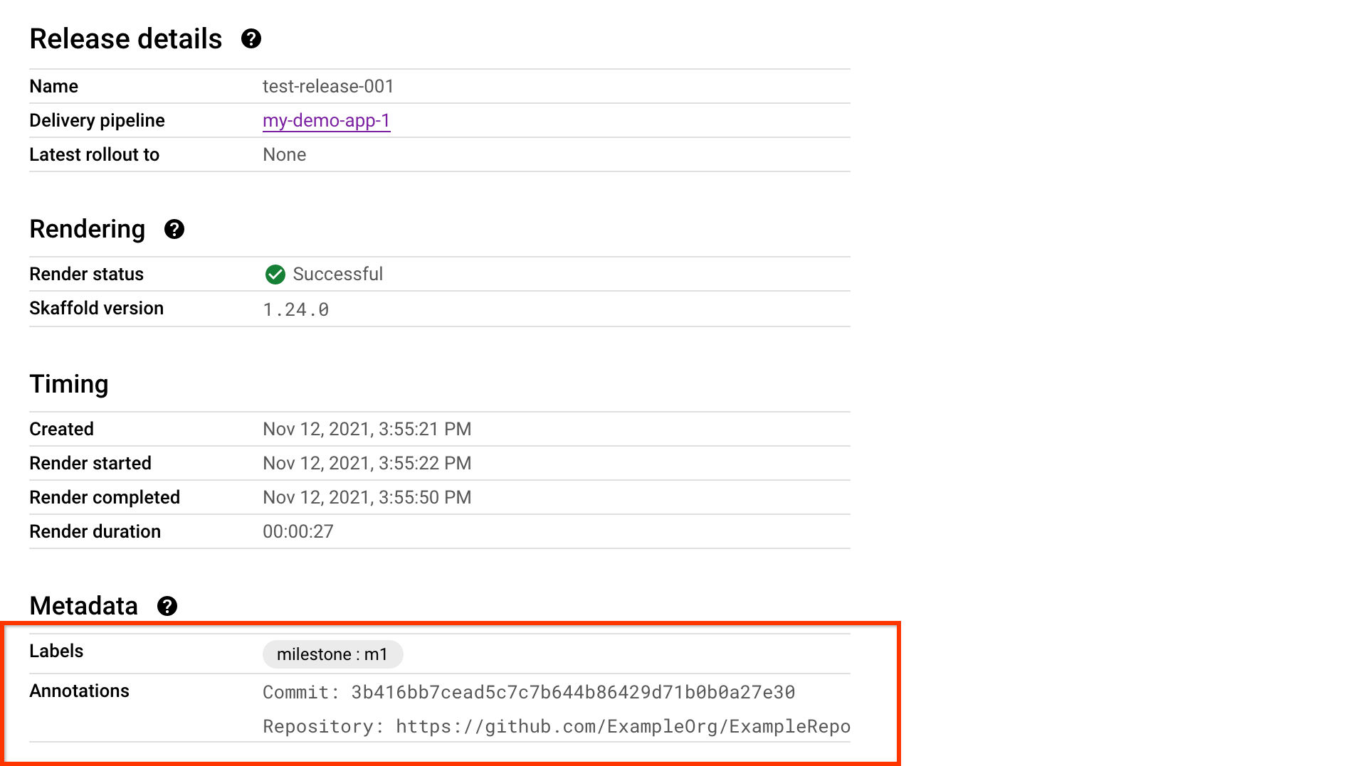 Detalles de la versión en la consola Google Cloud 
