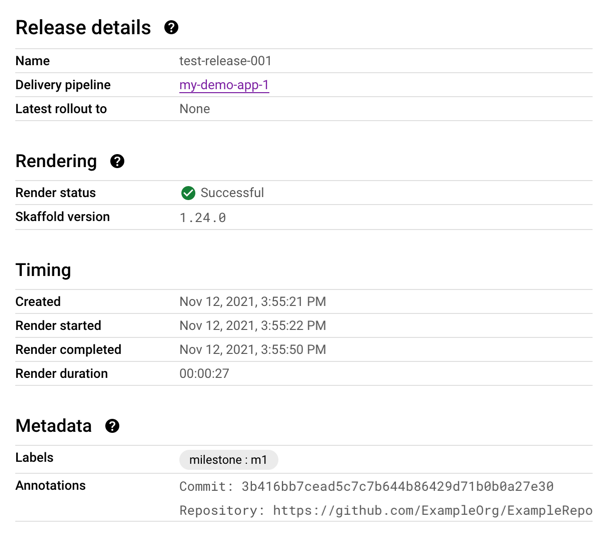 Metadados do lançamento apresentados na consola Google Cloud