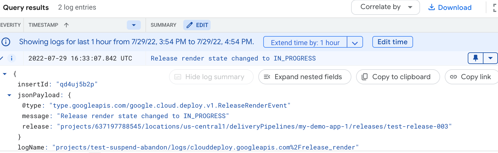 Inhalte eines Google Cloud Deploy-Plattformlogs