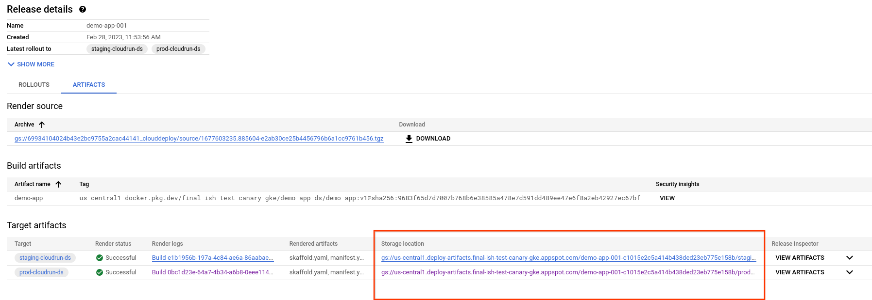 Pestaña Artefactos de la página de detalles de la versión