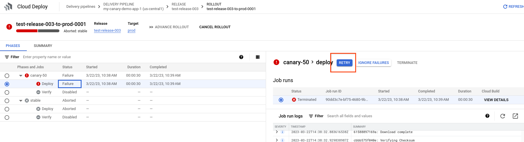 rollout details in Google Cloud console